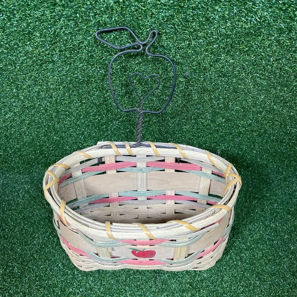 Vintage Woven Basket Wall Pocket‎ Planter Metal Apple Wire Farmhouse Decor